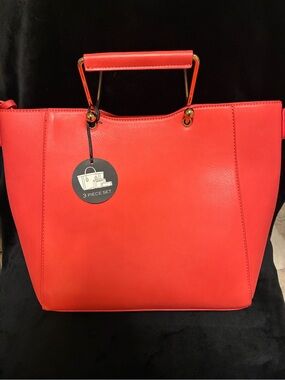 New Vibrant Coral 3-Piece Vegan Leather Handbag Set - Wristlet w/Gold Hardware